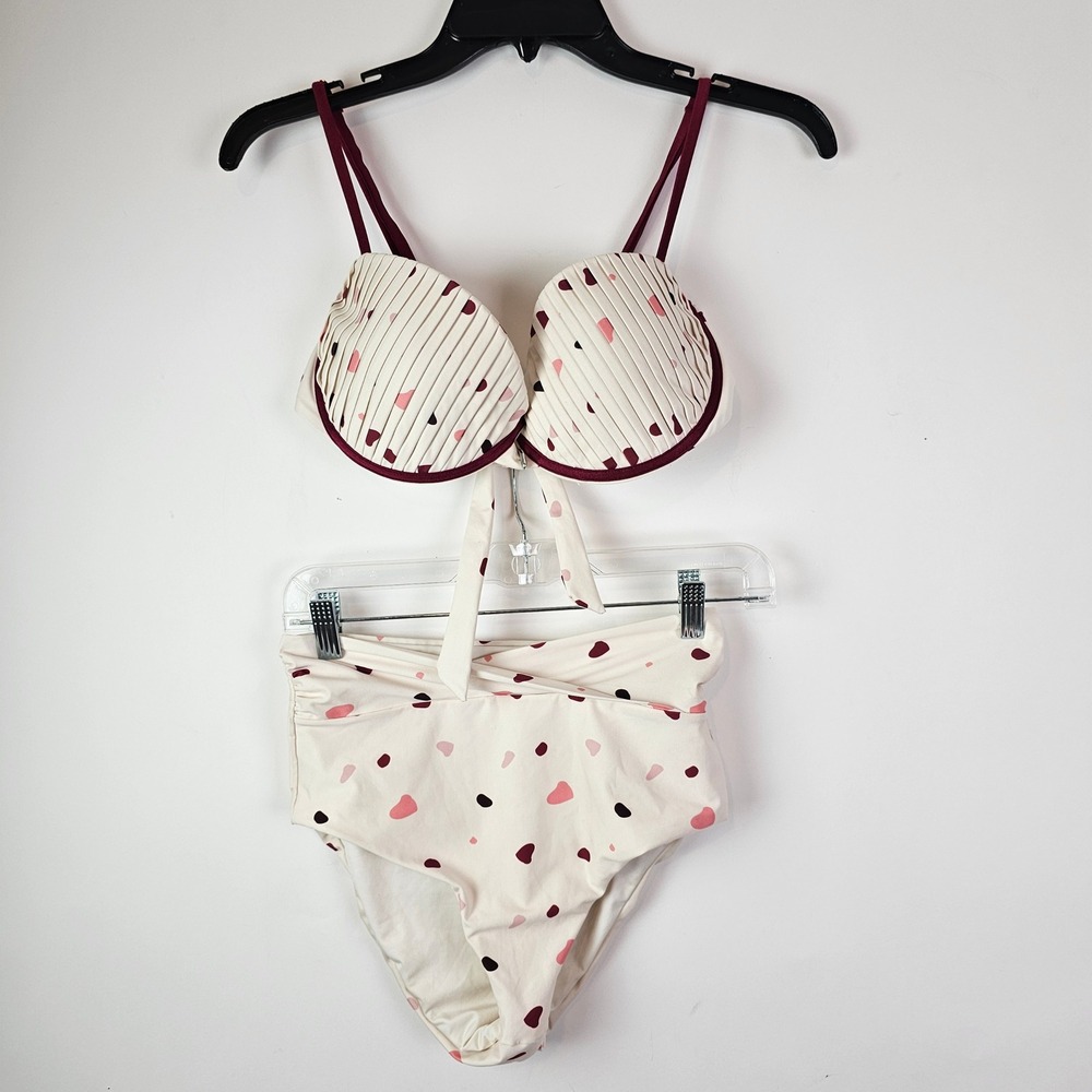 Ancora Dressed to Swim Heart Print Pleated Underwire Bikini Set Cream Pink Small